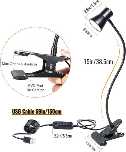 Clip Desk Lamp, USB Reading Light, Flexible Neck Led Clamp Light with 3 Color Temperature Options, 10 Dimmable Brightness Levels for Working, Studying (8W) - LeafyLoom