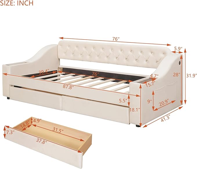 Twin Size Daybed with Storage Armrests & 2 Drawers,Upholstered Sofa Bed W/USB Ports & Button Tufted Backrest,No Box Spring Needed,Multi-Function Bedframe for Living Room Bedroom,Beige Velvet - LeafyLoom