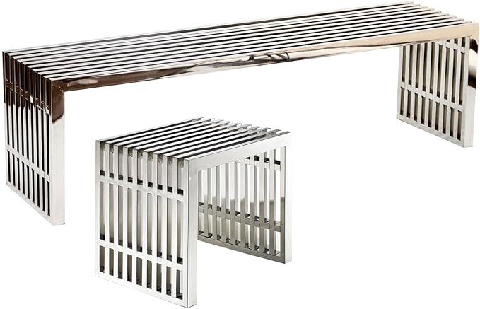 Modway Gridiron Stainless Steel Large and Small 2-Piece Bench Set - LeafyLoom