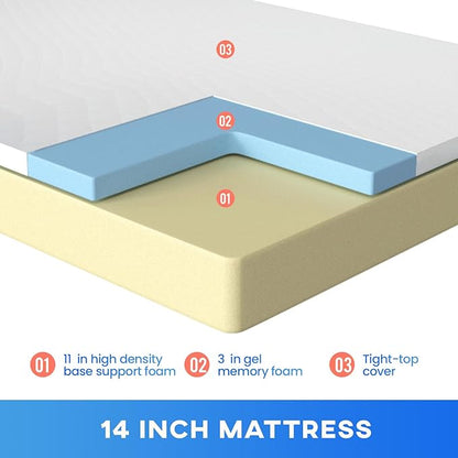 FDW 14 inch Gel Memory Foam Mattress Medium Firm Mattresses for Cool Sleep Relieving No Fiberglass CertiPUR-US Certified Mattress in a Box,Full - LeafyLoom