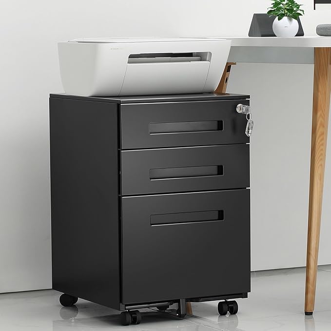 3-Drawer Mobile File Cabinets Rolling Metal Filing Cabinet for Legal & Letter File Anti-tilt Design with Lock Under Desk Office Drawers Fully Assembled Except Casters Black(Style 3) - LeafyLoom