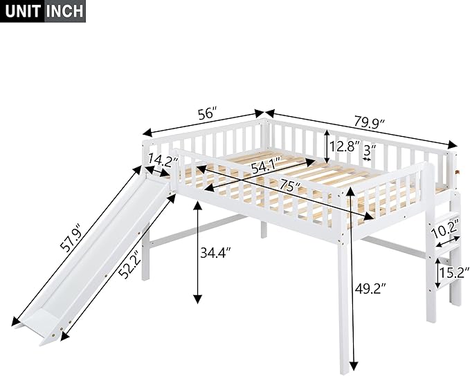 Merax Full Size Junior Wood Loft Bed with Slide Loft Bunk Bed for Girls Boys,Easy Assemble,White - LeafyLoom