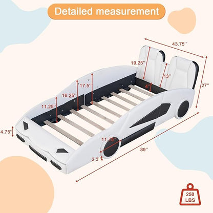 Twin Size Bed Frame for Kids, Race Car-Shaped Wooden Platform Bed with Guardrail and Upholstered Headboard, Wheels and Support Slats, for Boys Girls Child's Bedroom, No Spring Need (White) - LeafyLoom