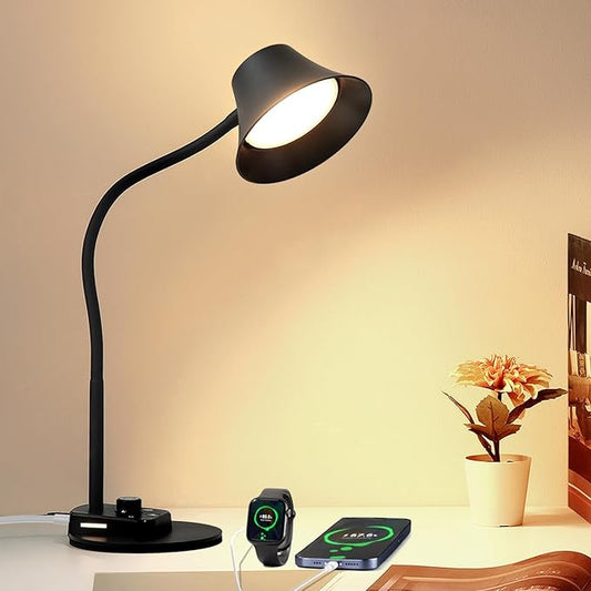 BOHON LED Desk Lamp for Home Office, Fully Dimmable Bedside Lamps with USB A and C Charging Port, 5 Colors Reading Lamp with Night Light, Auto Timer, Table Lamp for College Dorm Room Black - LeafyLoom