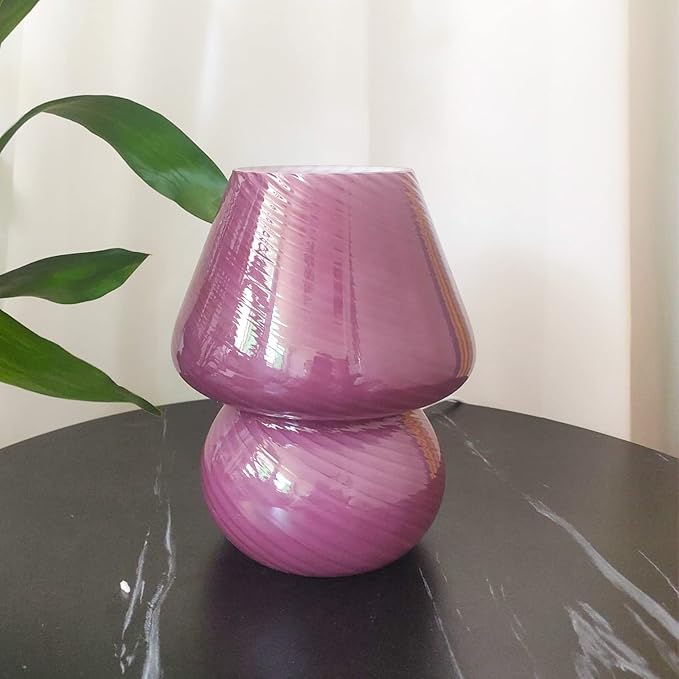 Mushroom Lamp,Glass Mushroom Bedside Table Lamps Purple Translucent Murano Vintage Style Striped Small Nightstand Desklamp Swirl Light for Home Decor, Dining, Living, Bedroom, Gift (Stripe Purple) - LeafyLoom