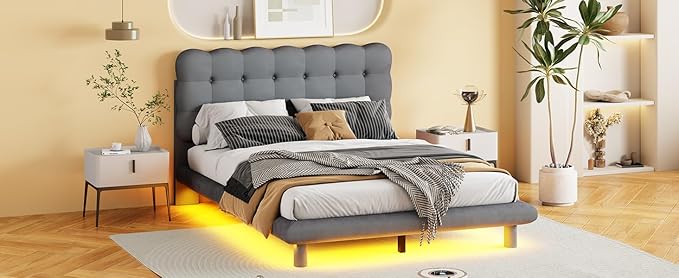 RITSU Full Size Velvet Fabric Platform Bed, Solid Wood Bedframe with LED, Button-Tufted Design Headboard, includes 16 Colors Lights Can Remote Control, No Box Spring Needed, Gray - LeafyLoom