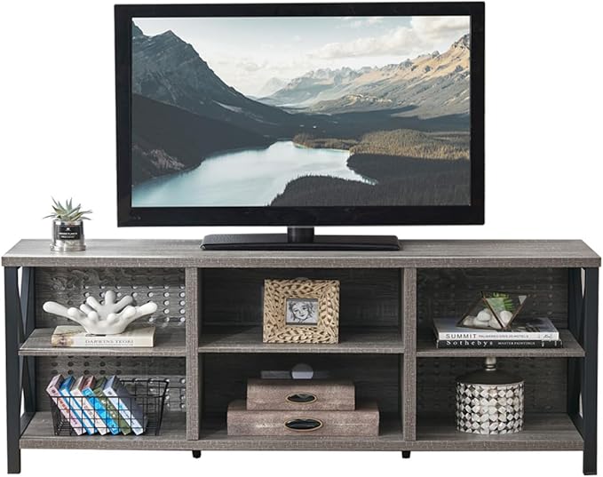 LVB TV Stand for 75 Inch TV, Long Modern Rustic Wood Entertainment Center, Large Industrial Metal Media Television Stands with Console Table Cabinet Storage for Living Bedroom, Light Gray Oak, 63 Inch - LeafyLoom