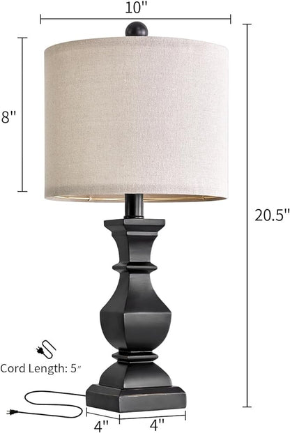 PoKat 20.5'' Bedside Table Lamp for Bedroom Nightstand - Farmhouse Lamp for Living Room, Black Night Stand Light Lamp with Round Linen Shade, Vintage Bedroom Lamp, Suitable for Small Place - LeafyLoom