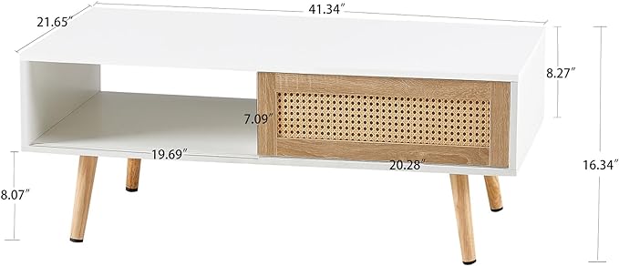 Brafab Rattan Coffee Storage Rectangle Accent Center Sofa Table with Sliding Door Panel Solid Wood Legs for Living Room, 41.34" L x 21.65" W x 16.34" H, White - LeafyLoom