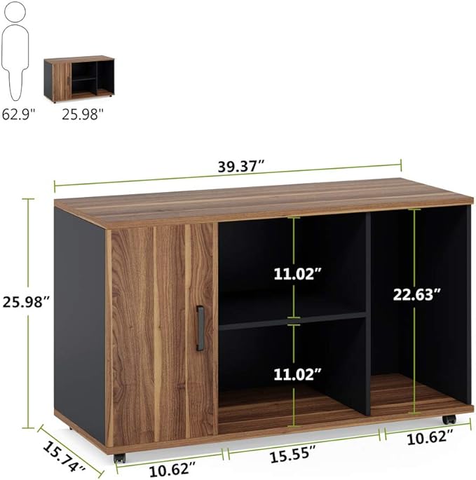 Tribesigns 39 inches File Cabinet, Large Storage Printer Stand, Mobile Filling Office Cabinet with Wheels, Doors and Open Storage Shelves,Dark Walnut - LeafyLoom