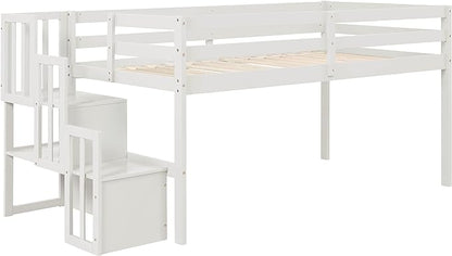 Bellemave Low Loft Bed for Kids,Twin Size Loft Bed with Storage Staircase,Wood Loft Bed Frame for Boys Girls Teens(White) - LeafyLoom