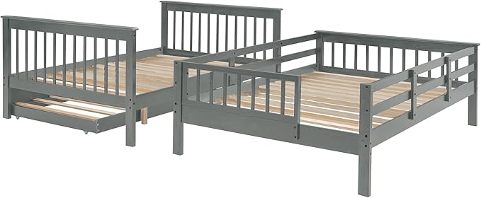 Stairway Full-Over-Full Bunk Bed with Twin Size Trundle, Storage Stairs and Guard Rail, 3-in-1 Bedframe for Bedroom Dorm, Kids Teens Adults, Gray - LeafyLoom