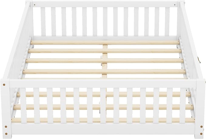 Multifunctional Full Size Floor Bed with Safety Guardrails and Door, Removable Wood Slats, Montessori Beds Frame for Toddlers, Easy Assembly, for Boys and Girls Room, White - LeafyLoom