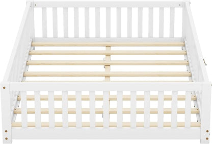 Multifunctional Full Size Floor Bed with Safety Guardrails and Door, Removable Wood Slats, Montessori Beds Frame for Toddlers, Easy Assembly, for Boys and Girls Room, White - LeafyLoom