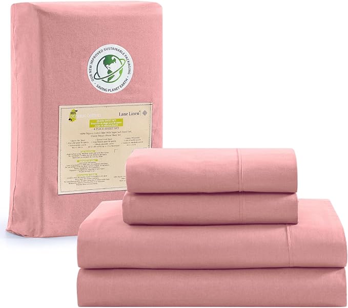 LANE LINEN 100% Organic Cotton Queen Sheets Set, 4-Piece Pure Organic Cotton Percale Sheets Queen, Cotton Bedsheets, Ultra Soft Bedding Sheets, Breathable, Fits Mattress Upto 15" Deep - Rose Dawn - LeafyLoom