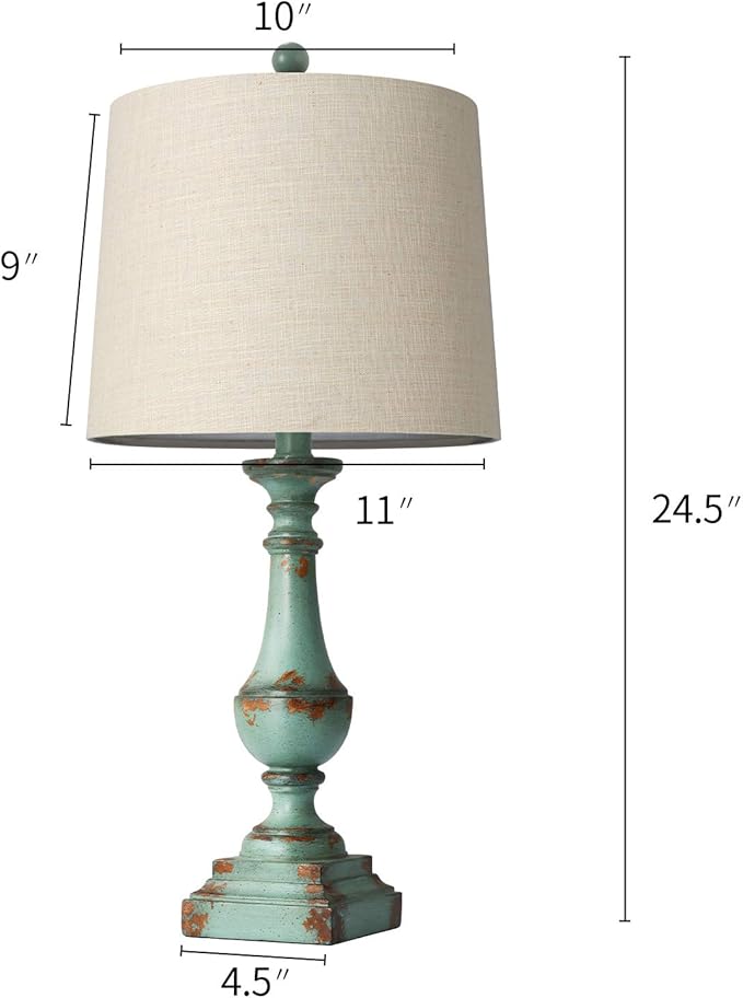 PORTRES 24.5" Rustic Table Lamp Set of 2 for Living Room Farmhouse Bedside Nightstand Lamps for Bedroom Kids Room Study Room Office Rustic Table Lamps Resin Green - LeafyLoom