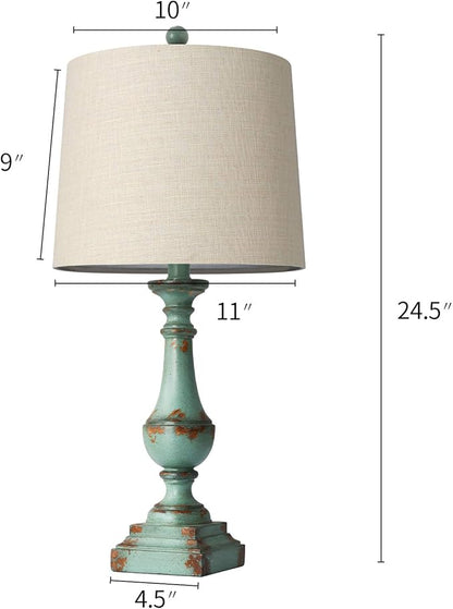 PORTRES 24.5" Rustic Table Lamp Set of 2 for Living Room Farmhouse Bedside Nightstand Lamps for Bedroom Kids Room Study Room Office Rustic Table Lamps Resin Green - LeafyLoom