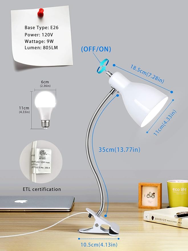 Desk lamp Eye-Caring Table Lamps, 360°Rotation Gooseneck Clip on Lamp Reading Light Portable Reading Book Light, Clamp Light, Study Desk Lamps for Bedroom and Office Home Lighting (White) - LeafyLoom