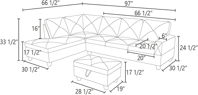 3-Piece L-Shaped Sectional Couches Lounge & Storage Modular Living Room Home Office, 3pcs 97'' Sofa+66.5'' Chaise+28.5'' Ottoman(Left), Dark Grey Faux Leather - LeafyLoom