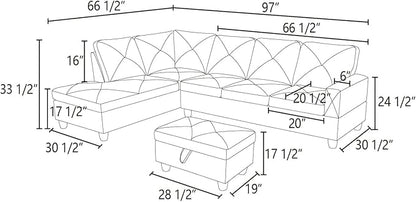 3-Piece L-Shaped Sectional Couches Lounge & Storage Modular Living Room Home Office, 3pcs 97'' Sofa+66.5'' Chaise+28.5'' Ottoman(Left), Dark Grey Faux Leather - LeafyLoom