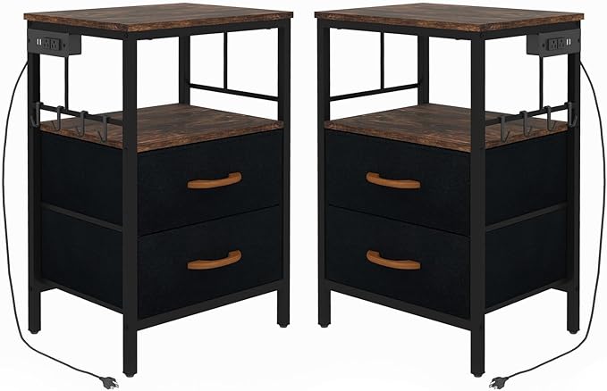 Nightstands set 2 for Bedroom Decor, Bedside Table with Charging Station, Night Stands with Fabric Drawers and Open Shelf, Side Table with USB Ports & Outlets (Rustic Brown,2) - LeafyLoom