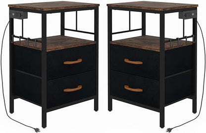 Nightstands set 2 for Bedroom Decor, Bedside Table with Charging Station, Night Stands with Fabric Drawers and Open Shelf, Side Table with USB Ports & Outlets (Rustic Brown,2) - LeafyLoom