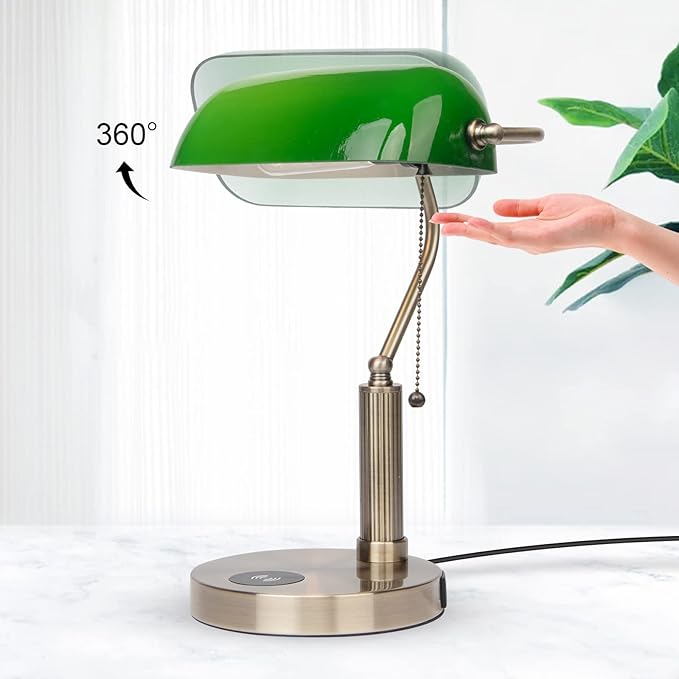 FIRVRE Bankers Lamp with2 USB and Wireless Charging Port，Pull Chain Switch Green Glass Desk Lamp， E26 Base,Traditional Library Desk Lamps for Home Office,Bedroom,Piano - LeafyLoom