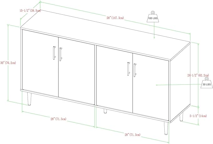 Walker Edison Fehr Modern 4 Door Bookmatch Buffet, 58 Inch, White - LeafyLoom