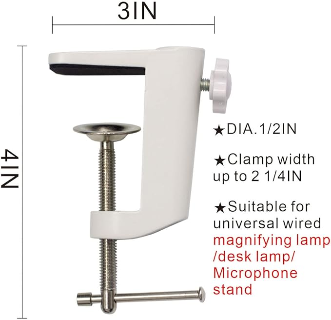 Replacement Heavy Duty C Clamp for 1/2” Base Magnifying Lamp,Desk Lamp,Swing Arm Lamp,Phone I pad Mount,Tablet Mic Holder,Table Mount Clamp for Microphone Stand Mic Boom Arm (ALU White) - LeafyLoom