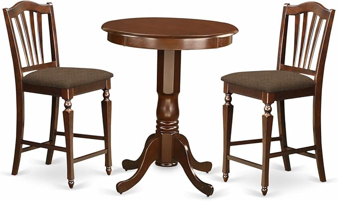 East West Furniture EDCH3-MAH-C Eden 3 Piece Kitchen Counter Height Dining Set Contains a Round Pub Table with Pedestal and 2 Linen Fabric Upholstered Chairs, 30x30 Inch, Mahogany - LeafyLoom