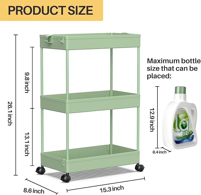 SPACEKEEPER Rolling Storage Cart 3 Tier, Bathroom Cart Organizer Laundry Room Organizer Utility Cart Mobile Shelving Unit Multi-Functional Shelves for Office, Kitchen, Bathroom, Green - LeafyLoom