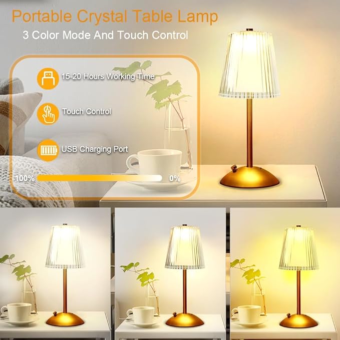 Portable Crystal Table Lamp,Cordless Metal Vintage Desk Lamp,3 Color Touch Control Rechargeable Lamp,3-Levels Brightness Room Decor Desk Lamp,Living Room,Kitchen,Dining Room Lamp (Gold-2) - LeafyLoom