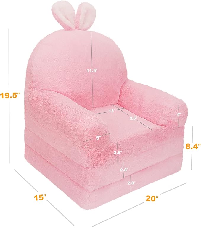 Kids Couch Fold Out Soft Toddler Chairs,Toddler Armrest Chair Bed for Play,Gift for 0-3 Years,Pink Bunny - LeafyLoom