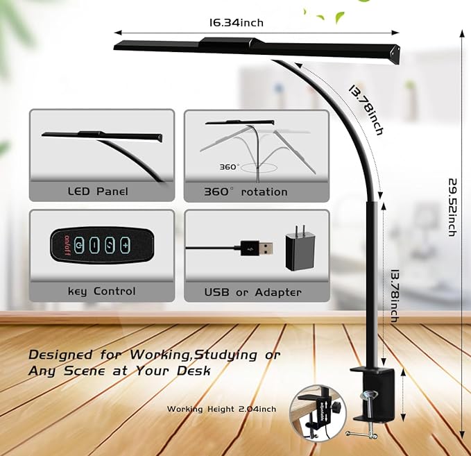 LED Desk Lamps for Home Office Eye-Caring Architect Lamp with Clamp 3 Colors 10 Brightness Adjustable Gooseneck Table Light with Key Control Workbench LED Reading Lamp [with Adatper] - LeafyLoom