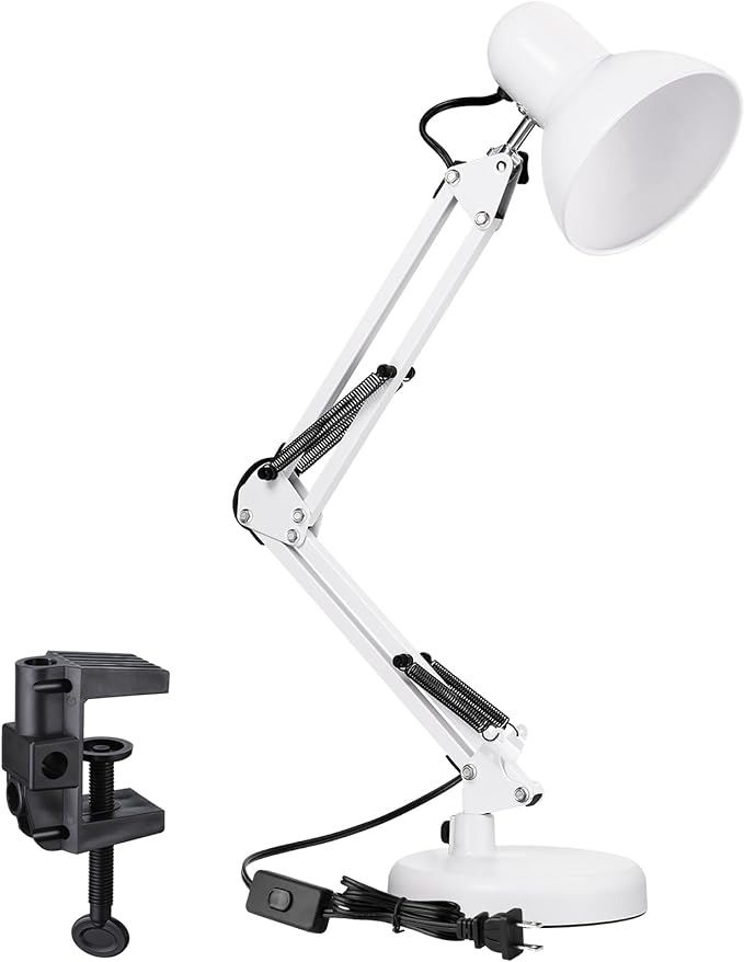 TORCHSTAR Metal Desk Lamp, Swing Arm Desk Lamps, Architect Desk Lamp with Clamp, Adjustable Gooseneck Table Lamp, Clip Desk Lights for Home Office, Work, Study, Reading, E26 Base, Multi-Joint, White - LeafyLoom