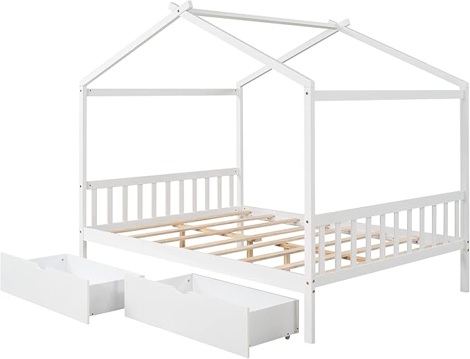 Full Size Bed Frame with Headboard and Footboard, Low House Bed/Full Bed Frame with Storage Drawer, Wood Bed Frame for Kids, Girls, Boys (White Drawer, Full) - LeafyLoom