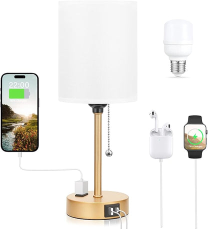 Dicoool Small Bedside Lamps 3 Color Modes - 2700K 3500K 5000K Bedroom Lamps with USB C and A Ports, Pull Chain Gold Table Lamps with AC Outlet, Nightstand Lamps with Gold Metal Base for Kids Reading - LeafyLoom