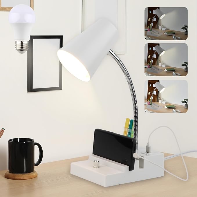 Study Desk Lamp with USB Charging and Type-C Night Light, Gooseneck LED Table Lamp Stepless Dimming Study Table Lamp with Pen Holder for College Dorm Bedroom and Office (White) - LeafyLoom