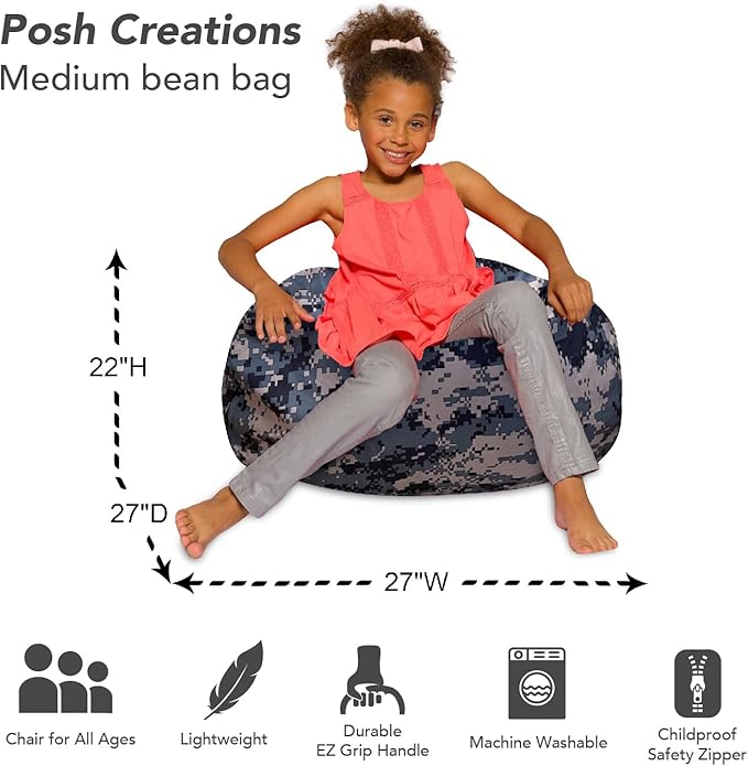 Posh Creations Bean Bag Chair for Kids, Teens, and Adults Includes Removable and Machine Washable Cover, Soft Nylon - Camo Digital, 27in - Medium - LeafyLoom