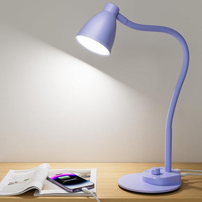 BOHON LED Desk Lamp with USB Charging Port, 3 Color Modes Fully Dimmable Reading Lamp, Auto Dimming Task Lamp, Flexible Gooseneck Table Light for Office Dorm Bedside, Adapter Include, Lilac Purple - LeafyLoom