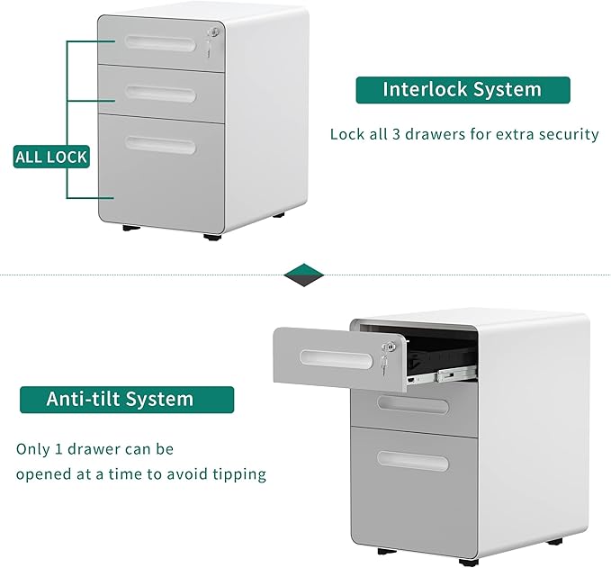 YITAHOME 3-Drawer Metal Mobile File Cabinet, Rolling Filing Cabinet with Lock, Filing Cabinet Under Desk fits Legal/A4 Size for Home/Office, Fully Assembled,White and Grey - LeafyLoom