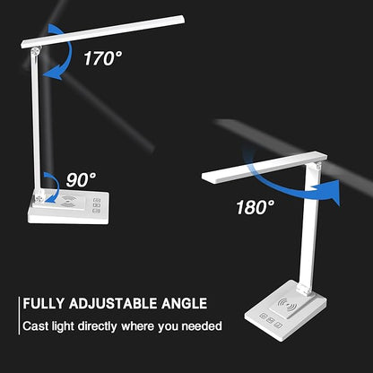 LED Desk Lamp with Wireless Charger and USB Charging Port,Desk Lamps for Home Office,Study Dimmable Table Lamp Desk Light,5 Colors Stepless Dimming,Eye-Caring Desk Lamp for College Dorm Room - LeafyLoom