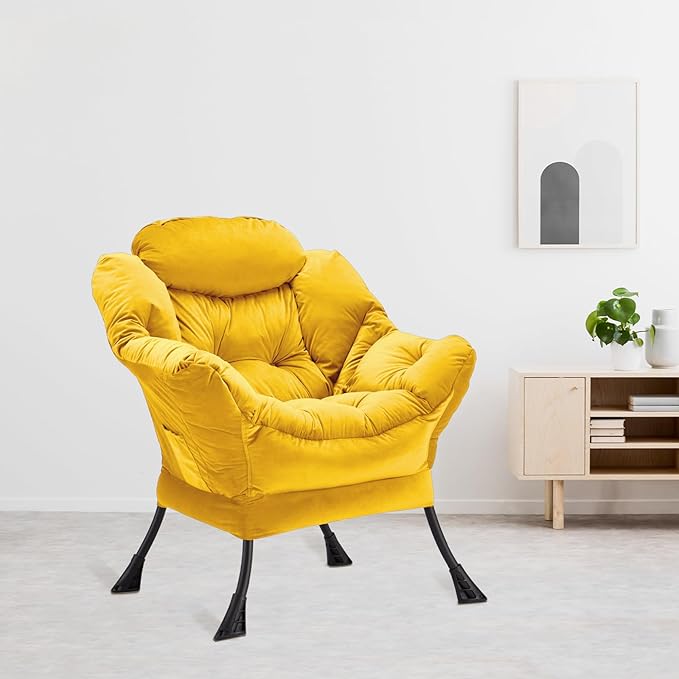 Lazy Chair Thick Padded, Accent Chair Velvet Upholstered with Wide Seat, Stable Metal Frame and Non-Slip Pad, Modern Sofa Armchair with Side Storage Bag for Dorm, Room, Office, Yellow - LeafyLoom