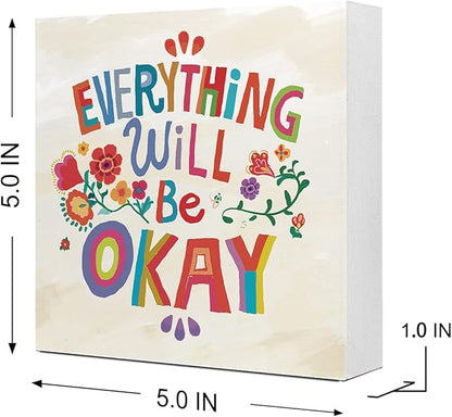 Ruvoty Everything Will Be Okay Colorful Word Art Wooden Sign Desk Decor,Inspirational Wood Block Sign Desk Decorations for Home Bedroom Dorm Office Desk Shelf Table Decor - LeafyLoom