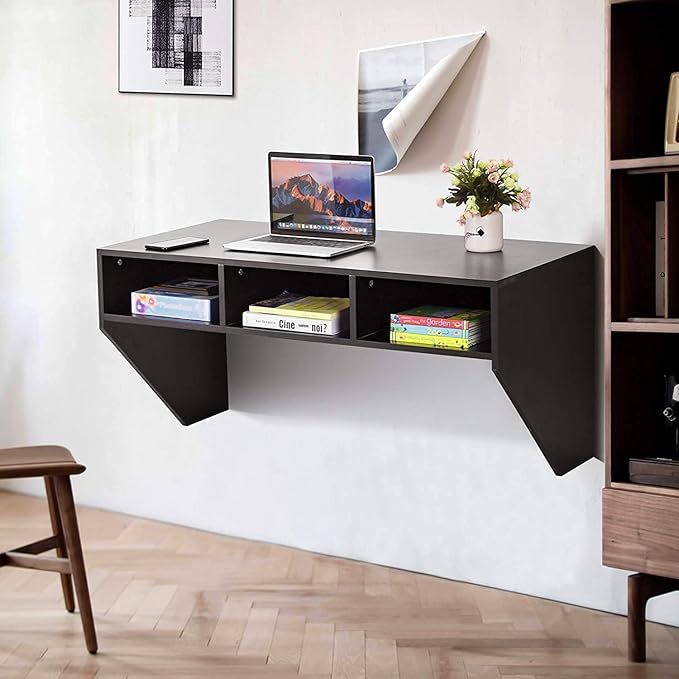 Computer Floating, Home Office Working, 42.5” Laptop Table Writing w/Storage Shelves, Modern Console Media Cabinet Wall Mounted Desk Hutch, Black - LeafyLoom