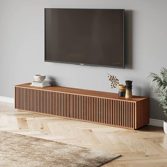 POVISON Mid Century Modern TV Stand, Solid Wood Media Console for 75+ inch TV, Full Assembled Farmhouse Entertainment Center with Storage for Living Room, Low Cabinet with Removable Shelves - LeafyLoom