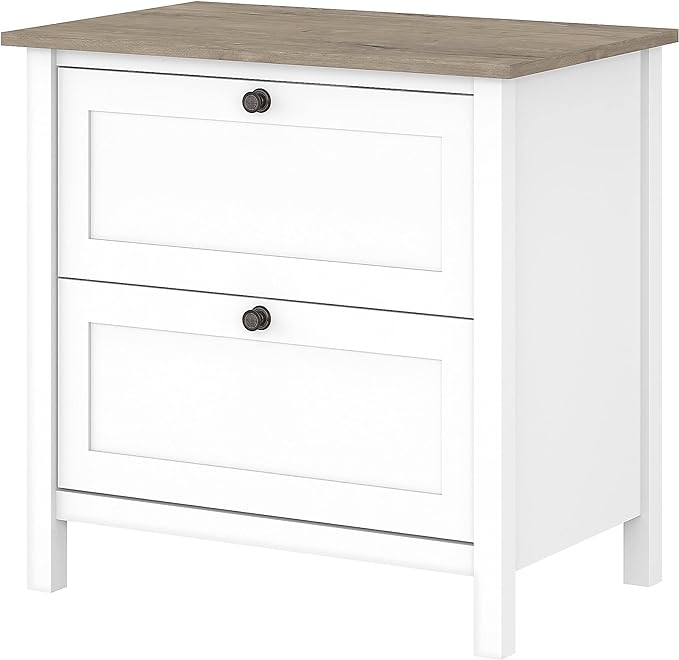 Bush Furniture Mayfield 2 Drawer Lateral File Cabinet in Pure White and Shiplap Gray - LeafyLoom