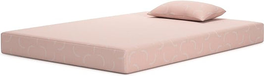 Signature Design by Ashley Twin Size iKidz 7 Inch Firm Gel Memory Foam Mattress with Stretch Knit Cover & Pillow Included, Pink Coral - LeafyLoom