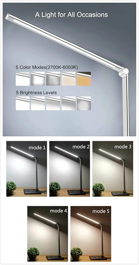 LED Desk Lamp Table Lamp Touch Control, 5 Color Temperature, Stepless Dimming, 30/60 Minutes Auto-Off Timer, Charger for USB, All Reading Room - LeafyLoom