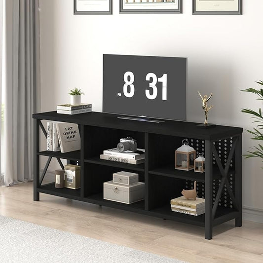 LVB Black Entertainment Center, Modern Wood Metal TV Stand for 65 Inch TV, Industrial Television Stands with Cabinet Storage, Farmhouse Media Console Tables for Home Living Bedroom, Black Oak, 55 Inch - LeafyLoom